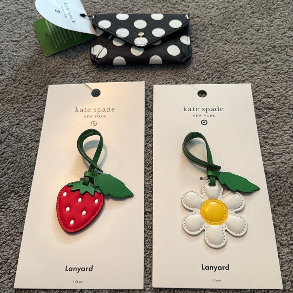 Kate Spade Daisy and Strawberry purse charm and polka dot card case bundle